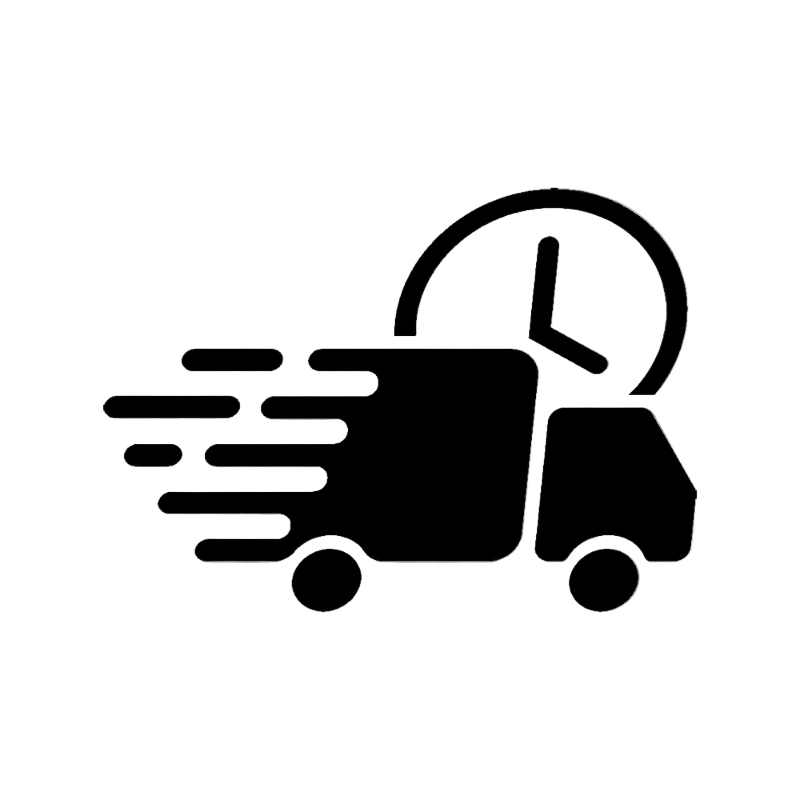 Black silhouette of a delivery truck with speed lines and a clock on a transparent background